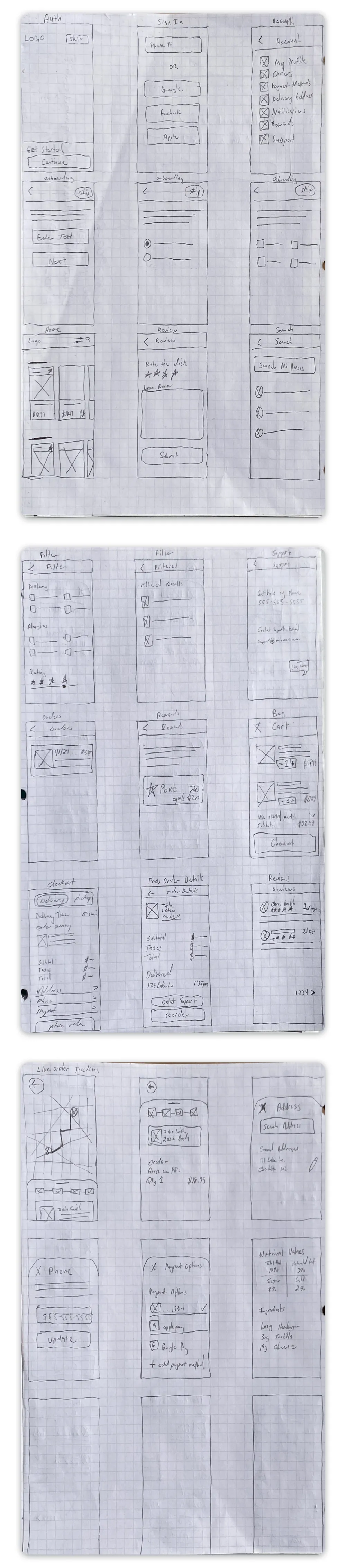 hand drawn sketches of the mi amor's cafe app