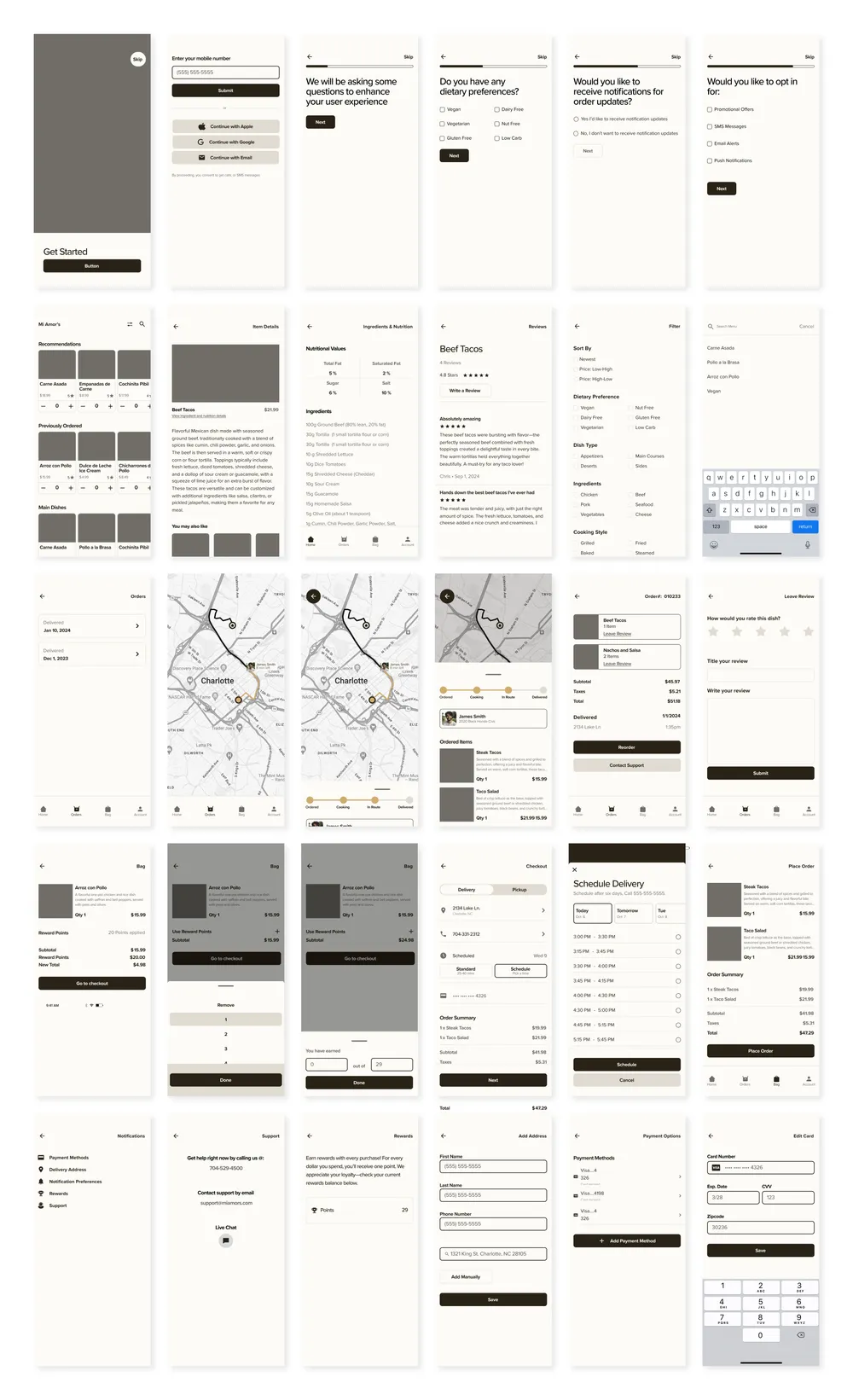 High fidelity wireframe images of mi amor's cafe app